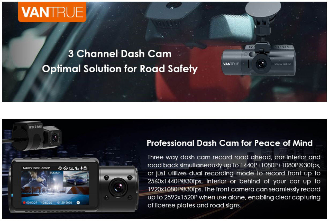 Vantrue N4 Dash Cam 3 Channel 1440P Front & 1080P Inside & 1080P Rear Dash  Cam 193368000710