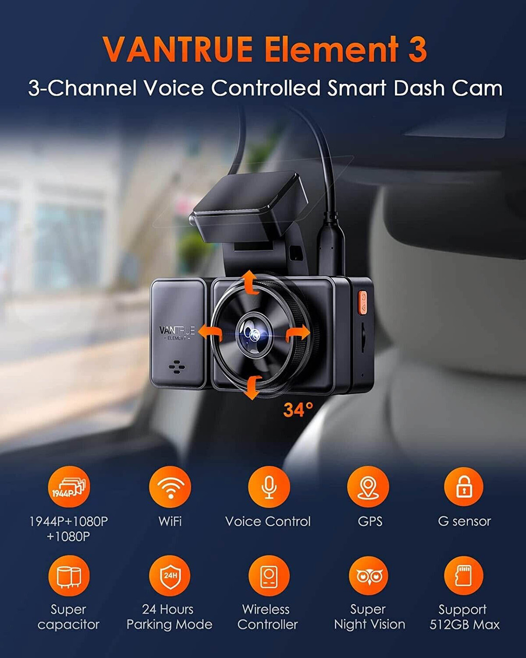 Shop Vantrue Element 3 (E3) Compact 3CH Triple-Lens Dash Cam