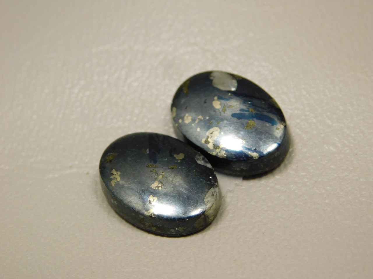 Gunmetal Blue Covellite with Gold Pyrite Cabochons Pairs #20