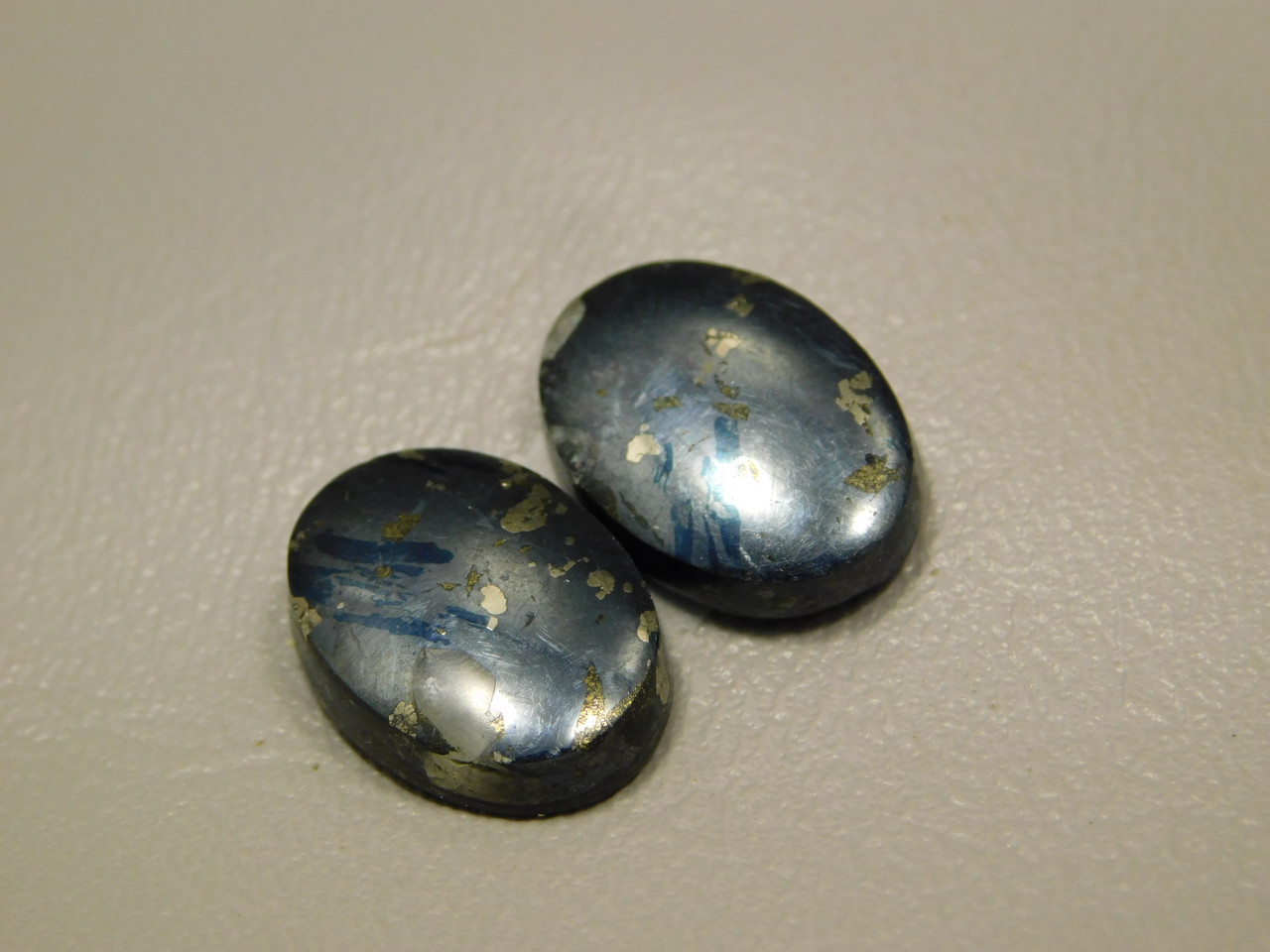 Gunmetal Blue Covellite with Gold Pyrite Cabochons Pairs #20