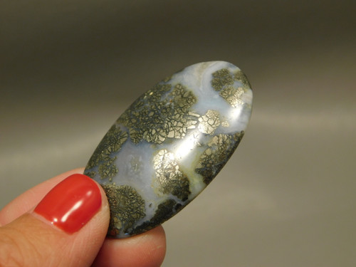 Nipomo Plume Agate Gold Marcasite Pyrite Inclusions Cabochon Stone #7