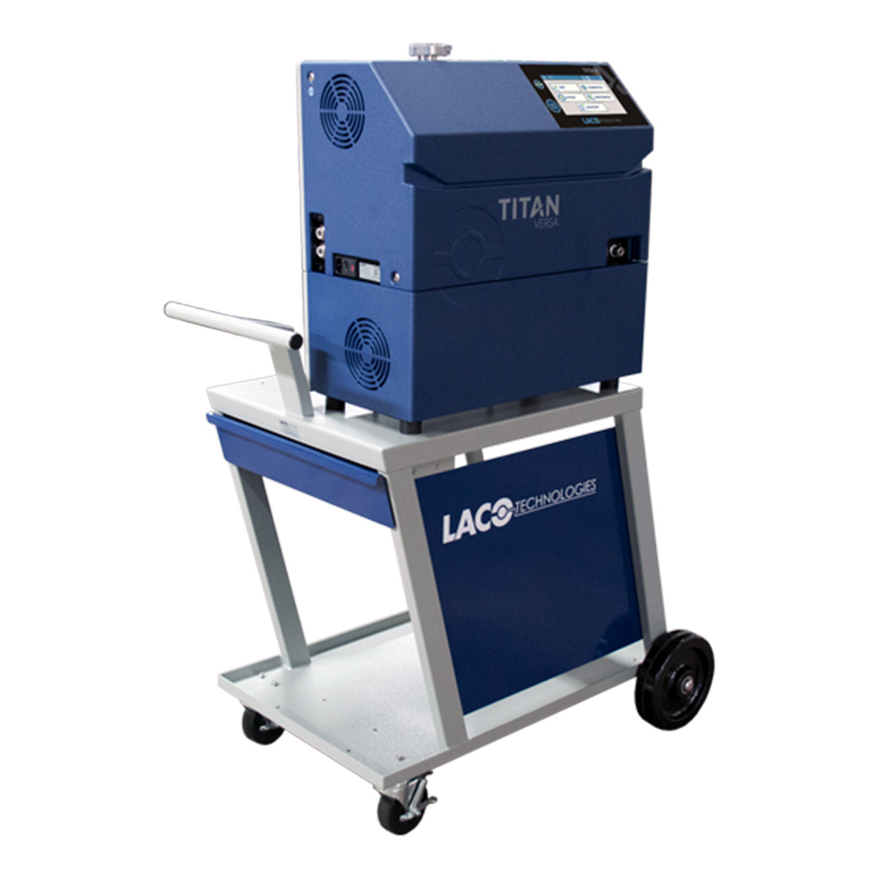 TITAN VERSA Tower (T | TD) Helium Leak Detector mounted on a maintenance cart