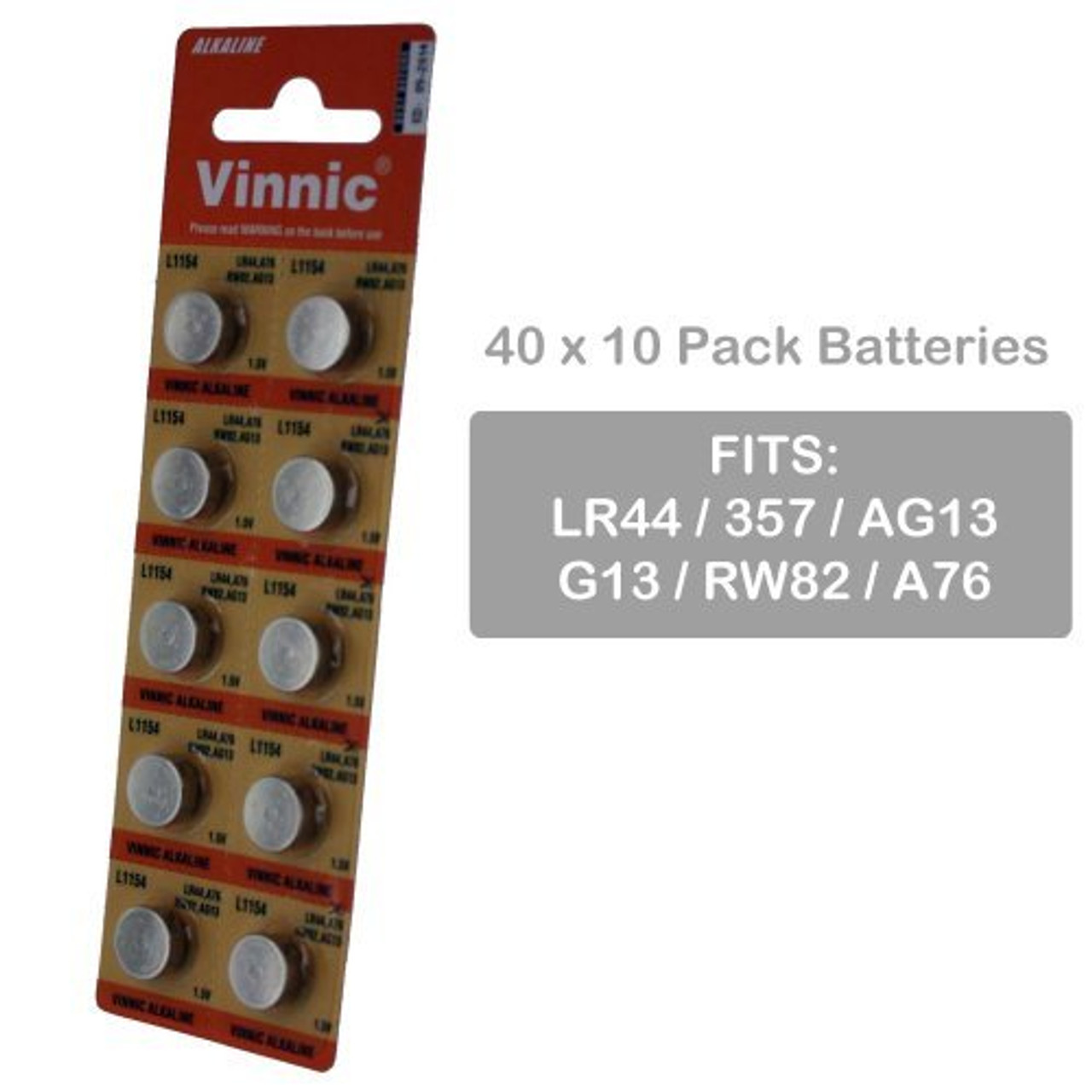 40 X 10pk Vinnic Size Lr44 V357 357 Ag13 Alkaline Watch Battery Batteries Wholesalers
