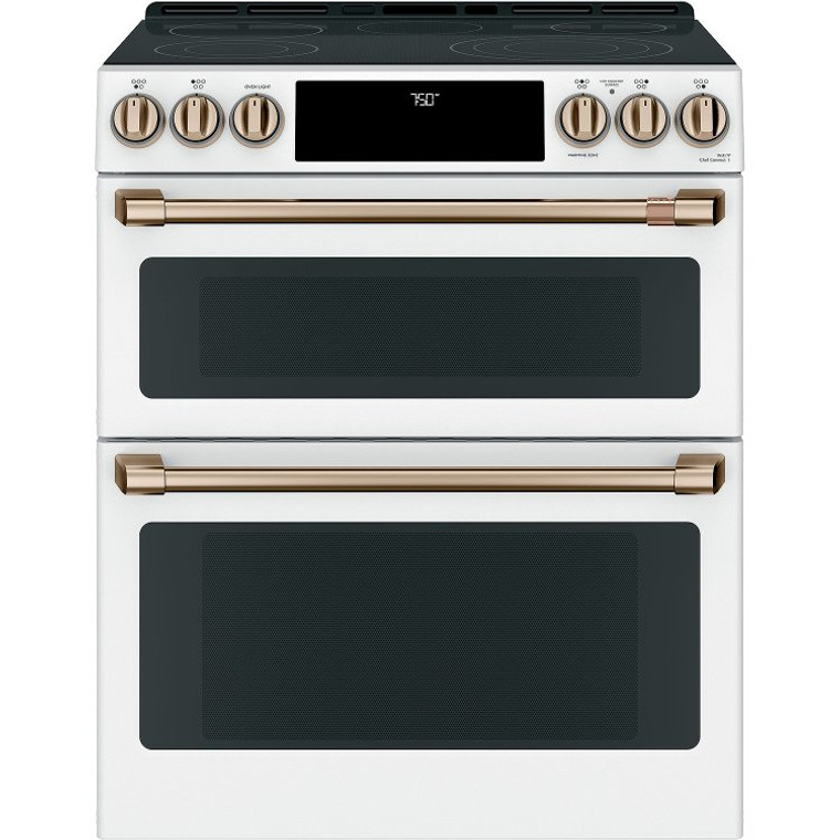 Cafe ADA 30 In. Matte White With Brushed Bronze Smart Front-Control Radiant And Convection Double-Oven Slide-In Electric Range