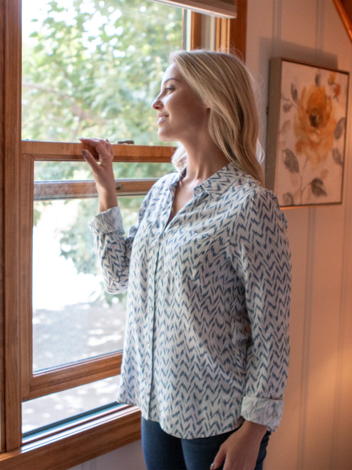 Woman wearing the Lilah Floral Print Shirt