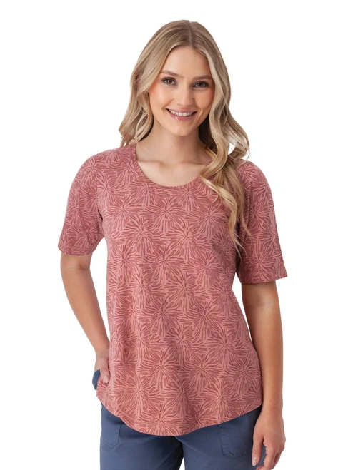 Daystar Elbow Sleeve Printed Top Dusty Rose Pink
