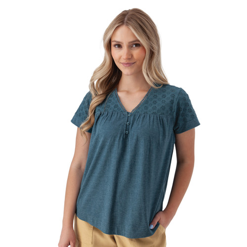 Ansley Eyelet Top Mallard Blue