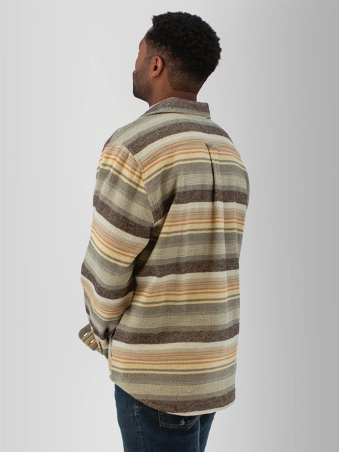 Rear left shoulder view of the Miles Organic Cotton Big Shirt in natural stripes.