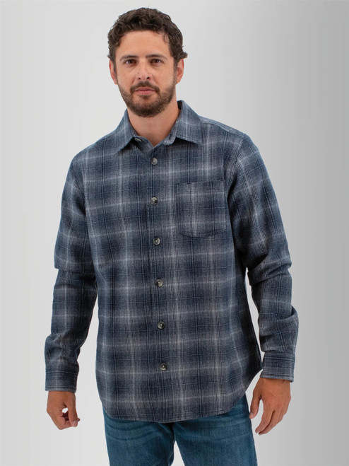 Front view of the Miles Organic Cotton Big Shirt in navy blue plaid.