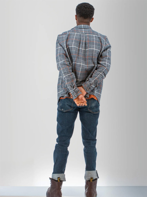 Back view of the Miles Organic Cotton Big Shirt in charcoal gray plaid.