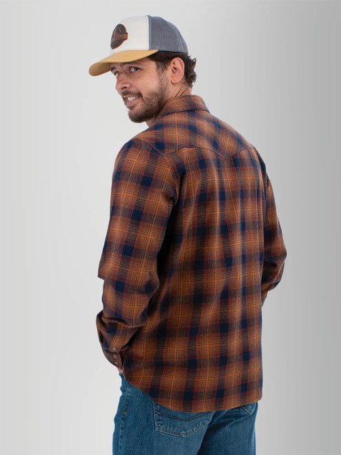 Rear left shoulder view of the Ranger Western Style Pearl Snap Shirt in navy plaid.