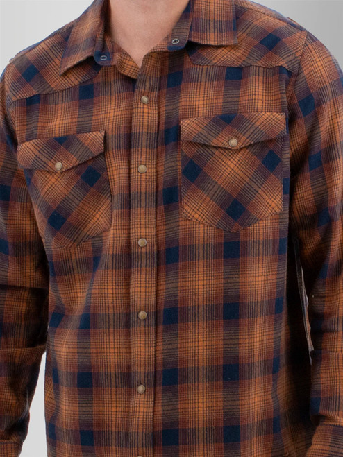 Front detail view of the Ranger Western Style Pearl Snap Shirt in navy plaid.