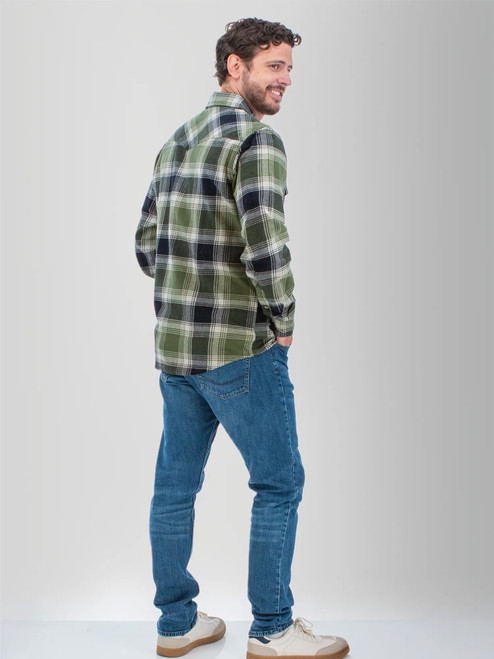 Back view of the Ranger Western Style Pearl Snap Shirt in green plaid.
