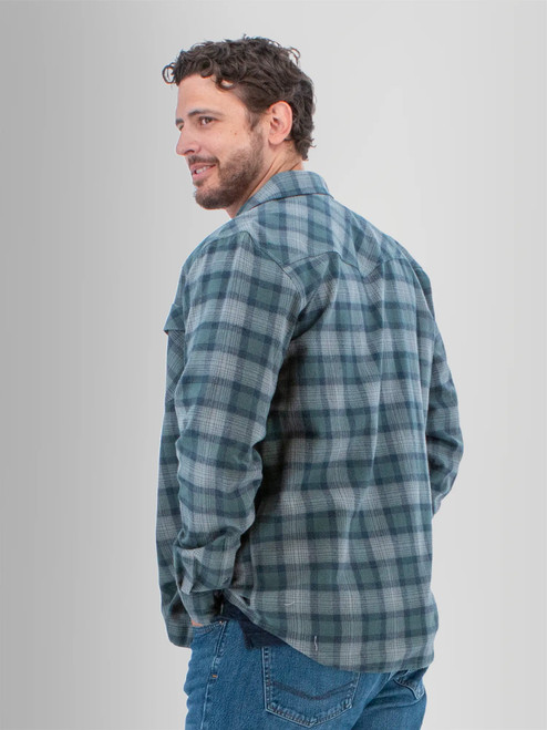 Rear left shoulder view of the Ranger Western Style Pearl Snap Shirt in smoke blue plaid.