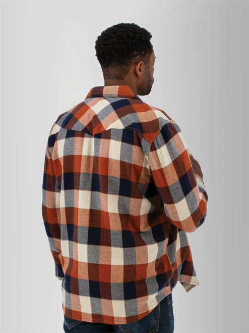 Back view of the Ranger Western Style Pearl Snap Shirt in burnt orange plaid.