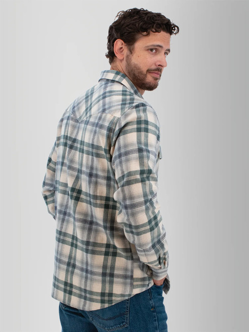 Rear right shoulder view of the Ranger Western Style Pearl Snap Shirt in stormy weather blue plaid.