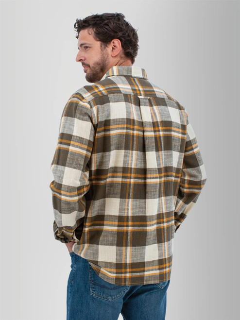 Rear left shoulder view of the Chase Organic Cotton Flannel Shirt in brown plaid.