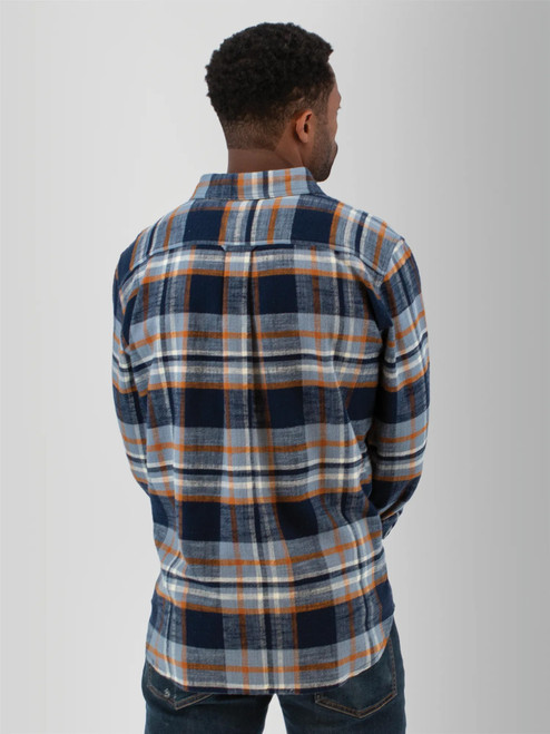 Back view of the Chase Organic Cotton Flannel Shirt in blue plaid.