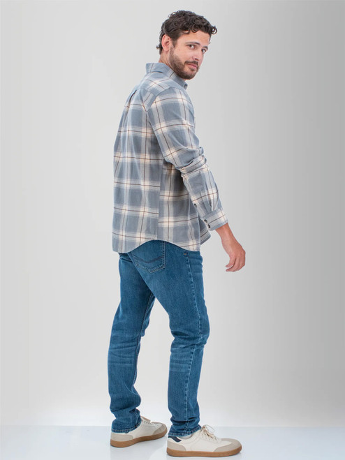 Right rear shoulder view of the Chase Organic Cotton Flannel Shirt in grey plaid.