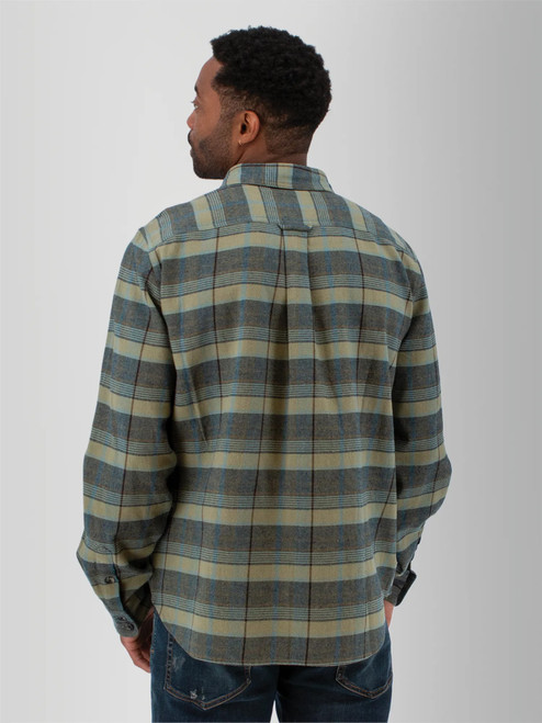 Back detail view of the Chase Organic Cotton Flannel Shirt in green plaid.