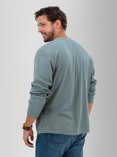 Rear left shoulder view of the Woodsman Waffle Crew Neck Tee in stormy sea blue.