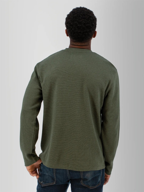 Back view of the Woodsman Waffle Crew Neck Tee in beetle green.