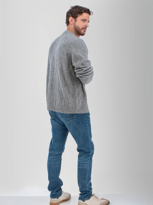 Full back view of the Wade Cable Knit Sweater in grey.