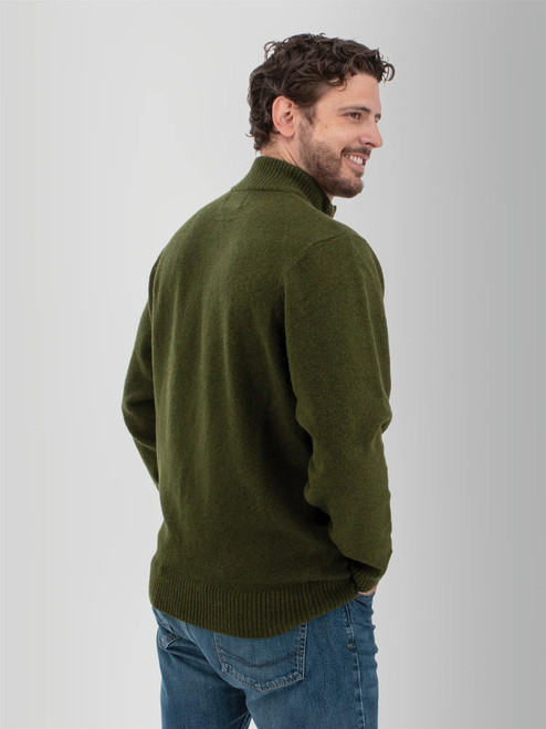 Rear left shoulder view of the Wade 1/4 Zip Stand Collar Sweater in beetle green.