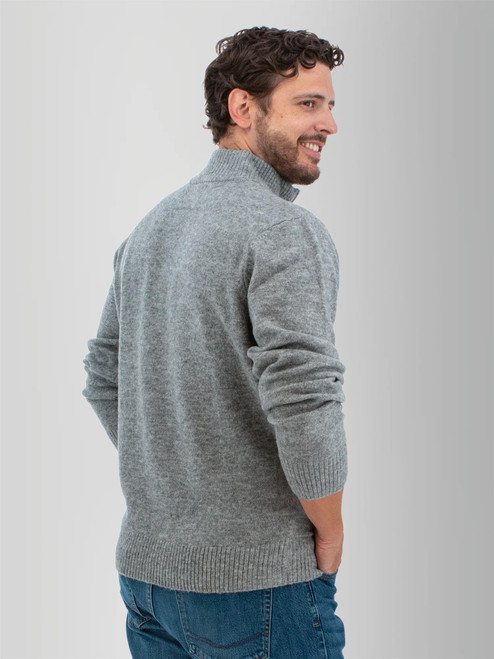 Rear right shoulder view of the Wade 1/4 Zip Stand Collar Sweater in grey.