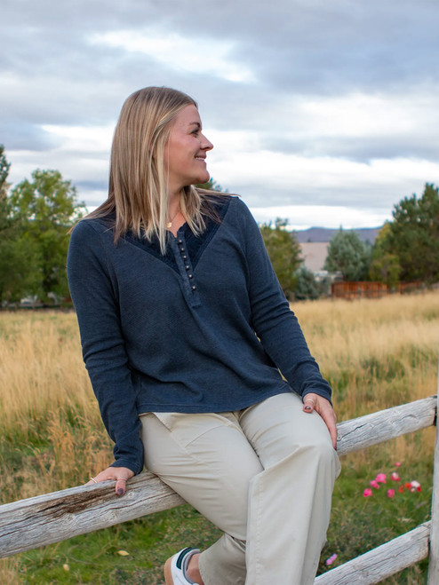 Woman wearing Ivycroft Waffle Knit Henley Top studio