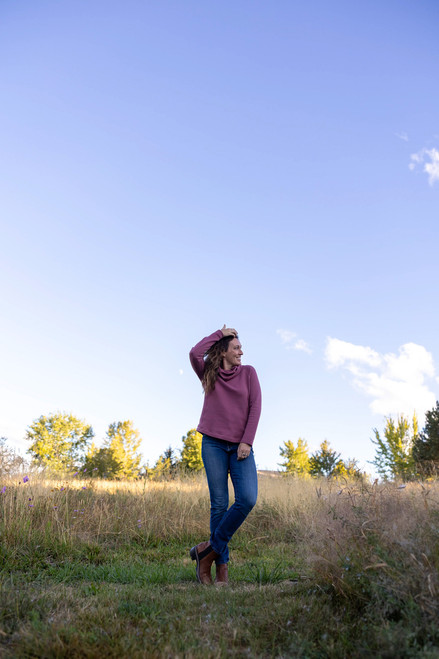 Woman wearing Cascade Cowl Neck Striped Pullover studio