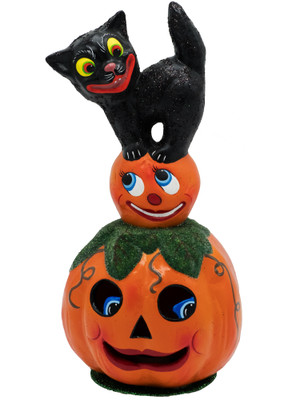 416 Halloween Cat on Pumpkin Schaller Paper Mache Candy Container