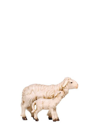 801279 Sheep with Standing Lamb Real Wood Painted Kostner Nativity from Pema in Italy