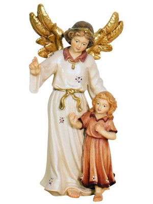 801070 Guardian Angel with Girl Real Wood Painted Kostner Nativity from Pema in Italy