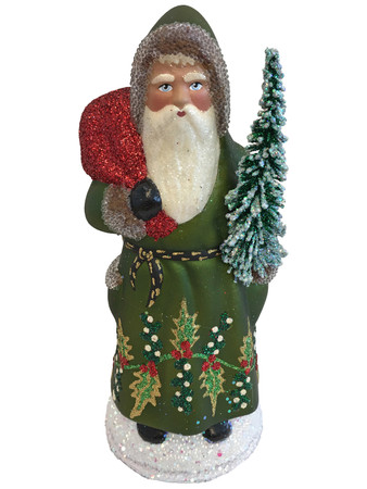 11-204 Santa Green Coat with Tree Schaller Paper Mache Candy Container