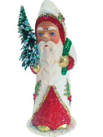 121700 Santa White with Red Coat with Tree Schaller Paper Mache Candy Container