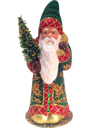 12286 Santa Green and Red Coat with Tree Schaller Paper Mache Candy Container