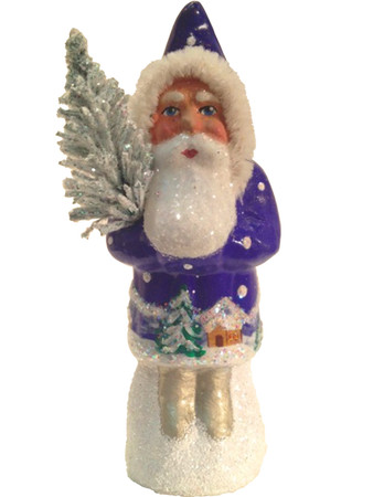1409 Blue Coat Santa with Tree Schaller Paper Mache Candy Container