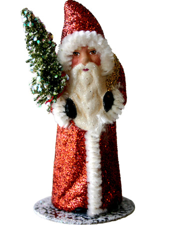 1413-3 Copper Glitter Coat Santa with Tree Schaller Paper Mache Candy Container