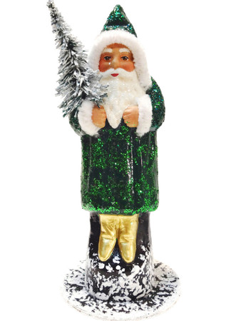 14158 Green Coat Santa with Tree Schaller Paper Mache Candy Container