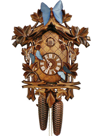 8T317-9 8 Day Anton Schneider Moving Butterflies Carved German Cuckoo Clock