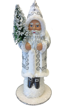 17153 White and Silver Santa with Tree Schaller Paper Mache Candy Container