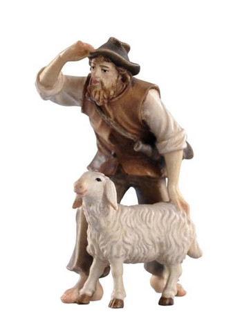 801035 Shepherd with Sheep Real Wood Painted Kostner Nativity from Pema in Italy