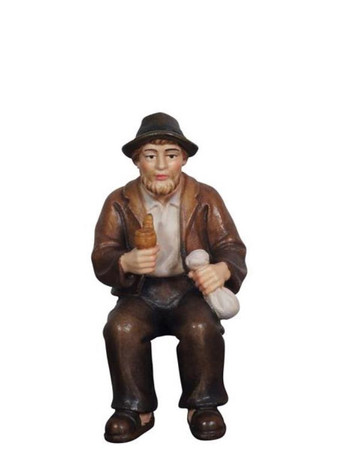 801090 Grandpa with Pipe Sitting Real Wood Painted Kostner Nativity from Pema in Italy