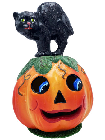 441 Halloween Black Cat on Pumpkin Schaller Paper Mache Candy Container