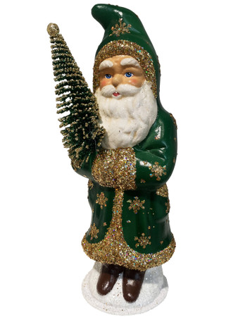 22128 Santa in Green Coat with Gold from Ino Schaller Paper Mache Candy Container