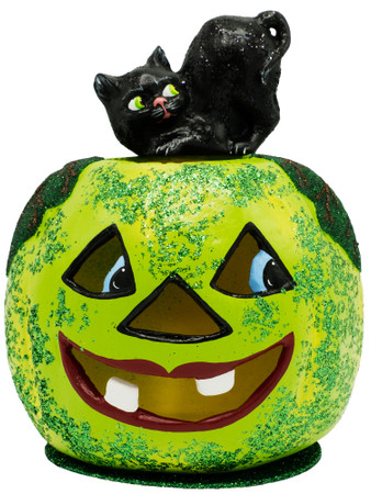 421 Cat on Green Pumpkin Ino Schaller Paper Mache Candy Container