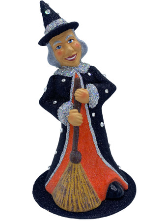 184-4 Witch with Broom decorated with Crystals Ino Schaller Paper Mache Candy Container