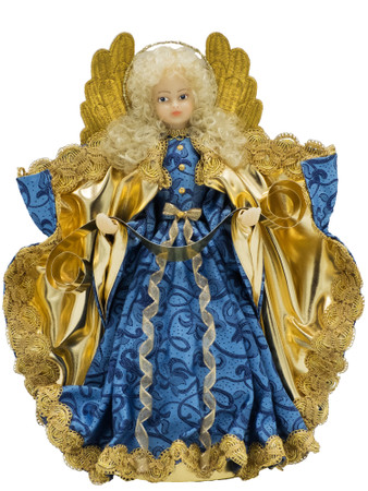 216-IV-Blau Blue Angel Holding Banner Tree Topper Wax Angel