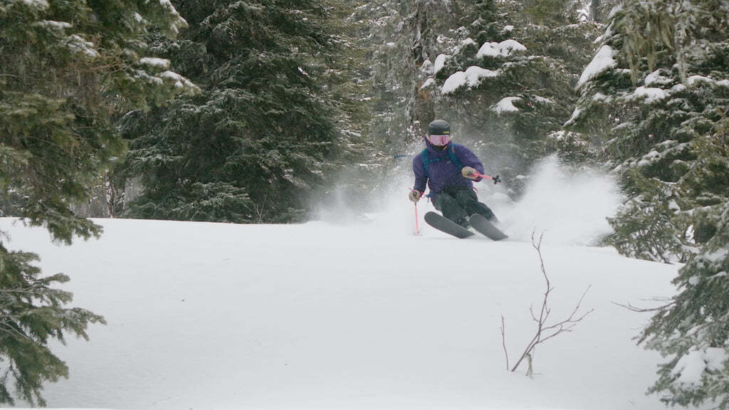 Iris Deskins skiing in Jewel Basin Yurt, Montana
